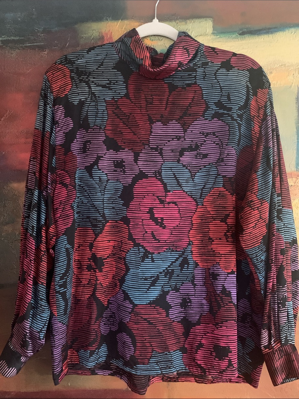 Vintage Rowie 100% Silk Mock Neck Blouse in Jewel Toned Abstract Floral, Sz 10